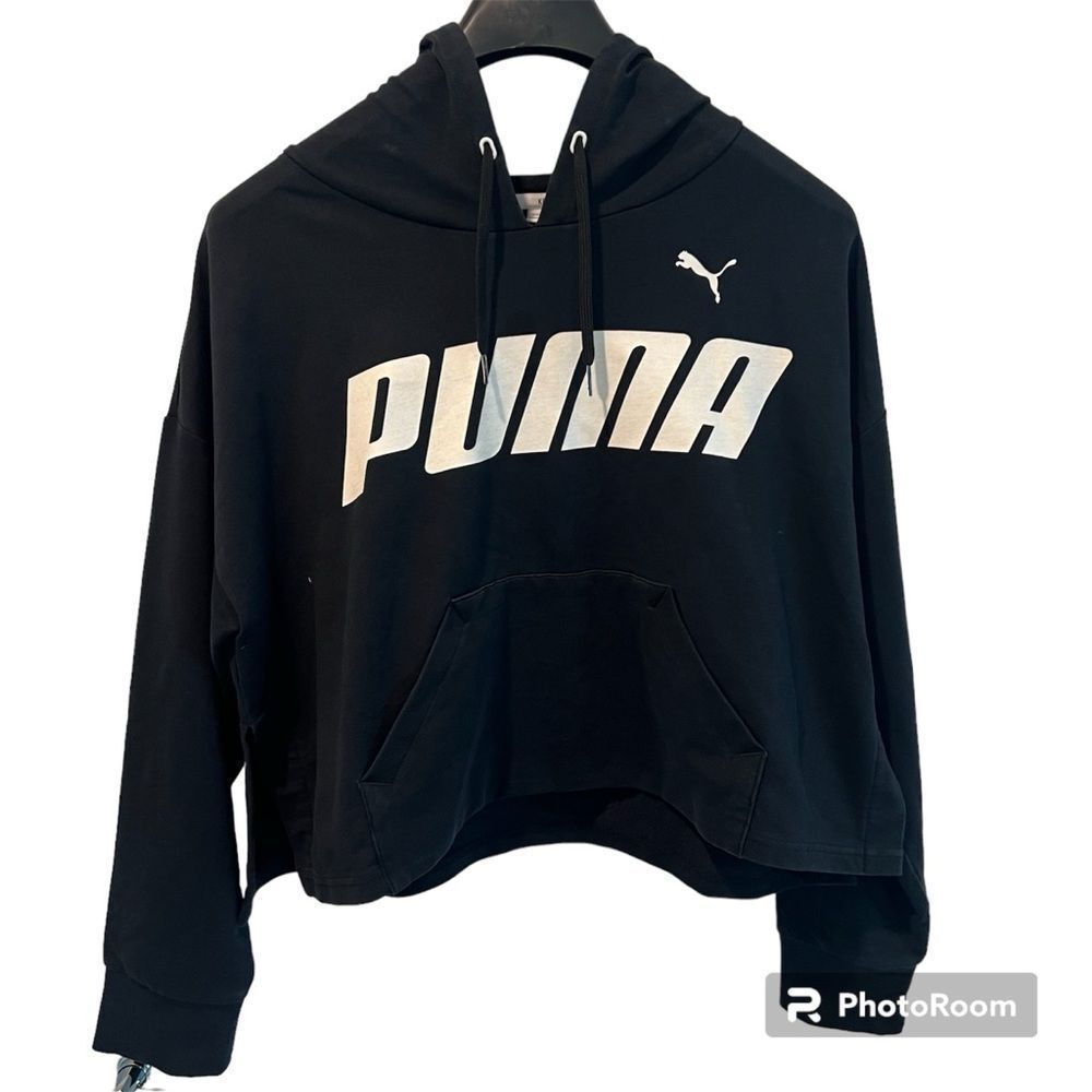 PUMA Hoodie XLarge Black White Spell Out Print Sweatshirt Pullover CroppedCotton
